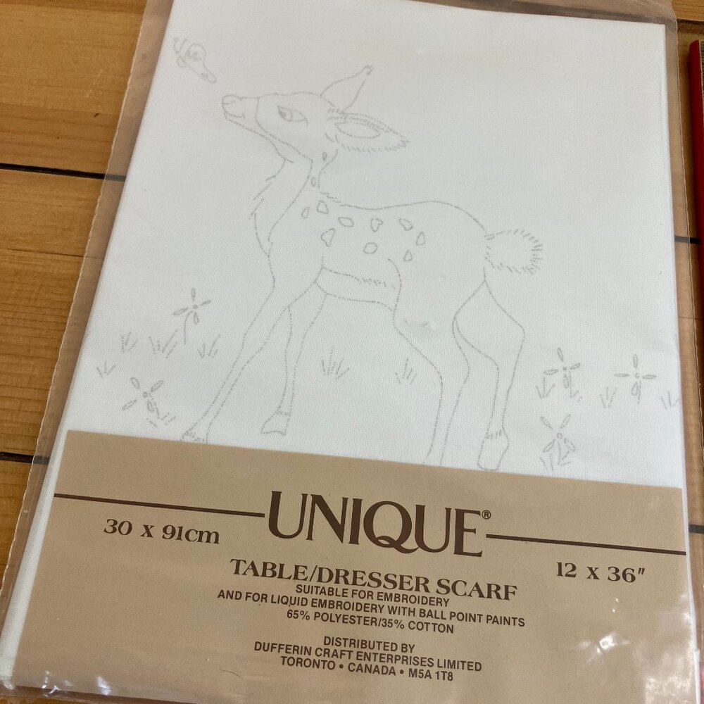 Deer Fawn Pre-Printed Fabric Table Runner Dresser Scarf Hand / Liquid Embroidery